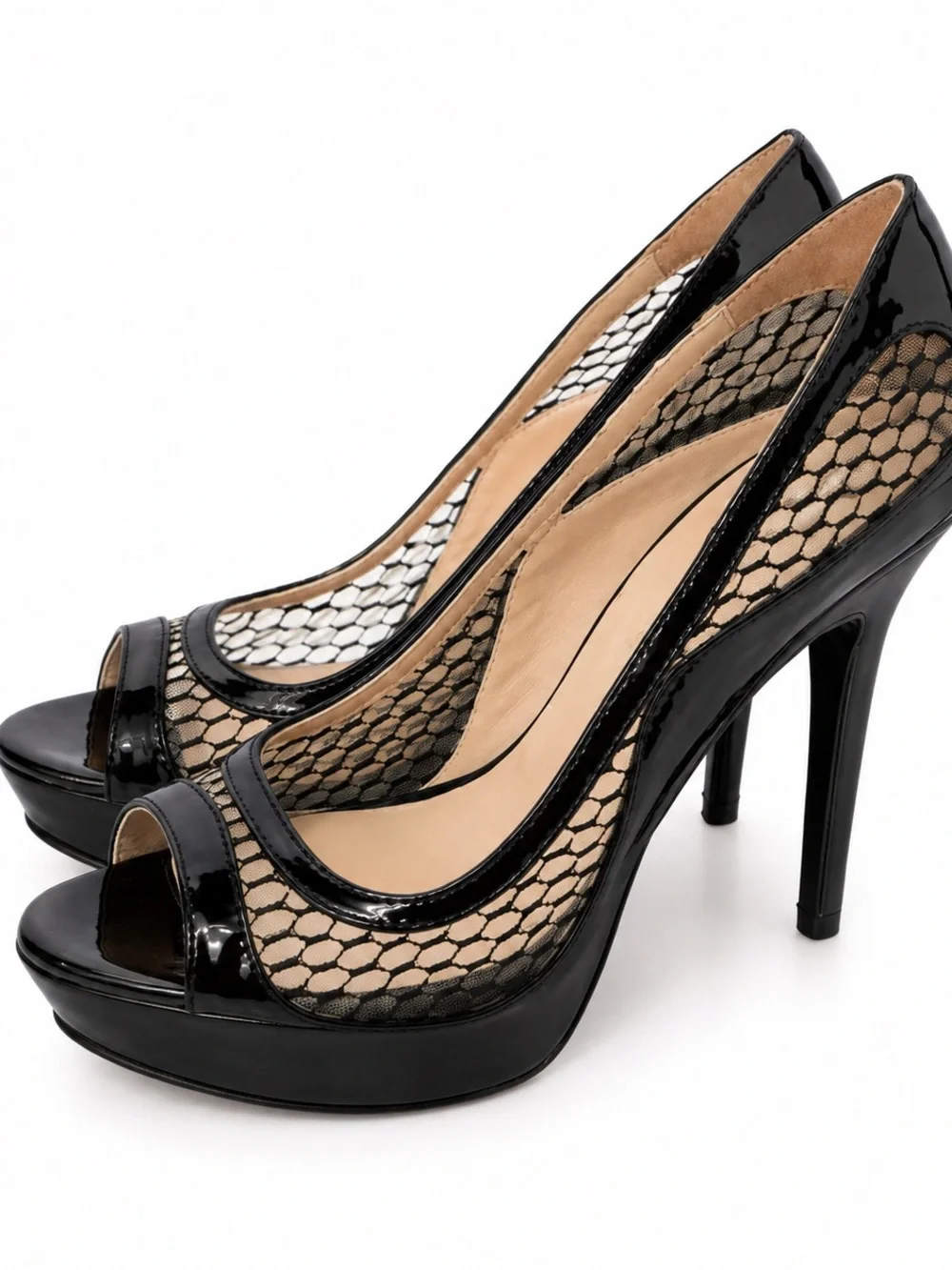 Zigi Soho Black Mesh Peep-Toe Patent Pumps with Nude Lining